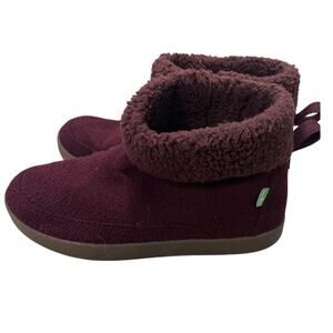 Sanuk Roll Top Felt Bay-Sick Sherarling Fleece Bootie Burgundy Women's size 9